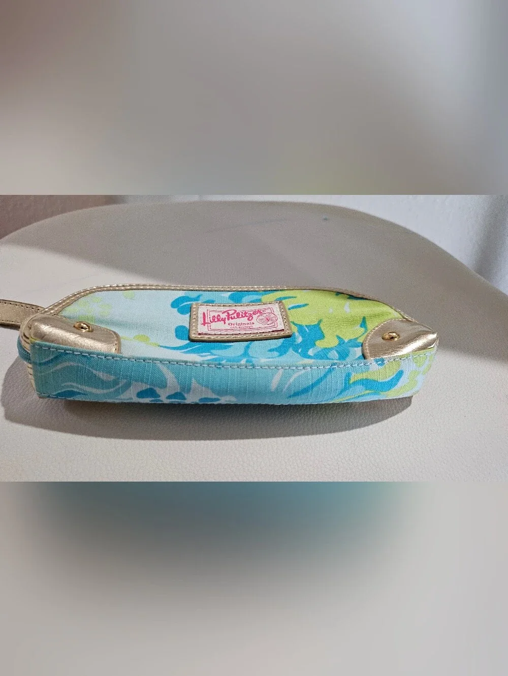 Lilly Pulitzer Originals Cosmetic Makeup Bag Blue Green Floral Gold Trim